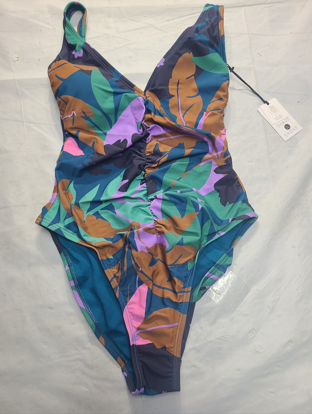 Women's Shirred Plunge One Piece Swimsuit Shade & Shore Multi Floral Print XS